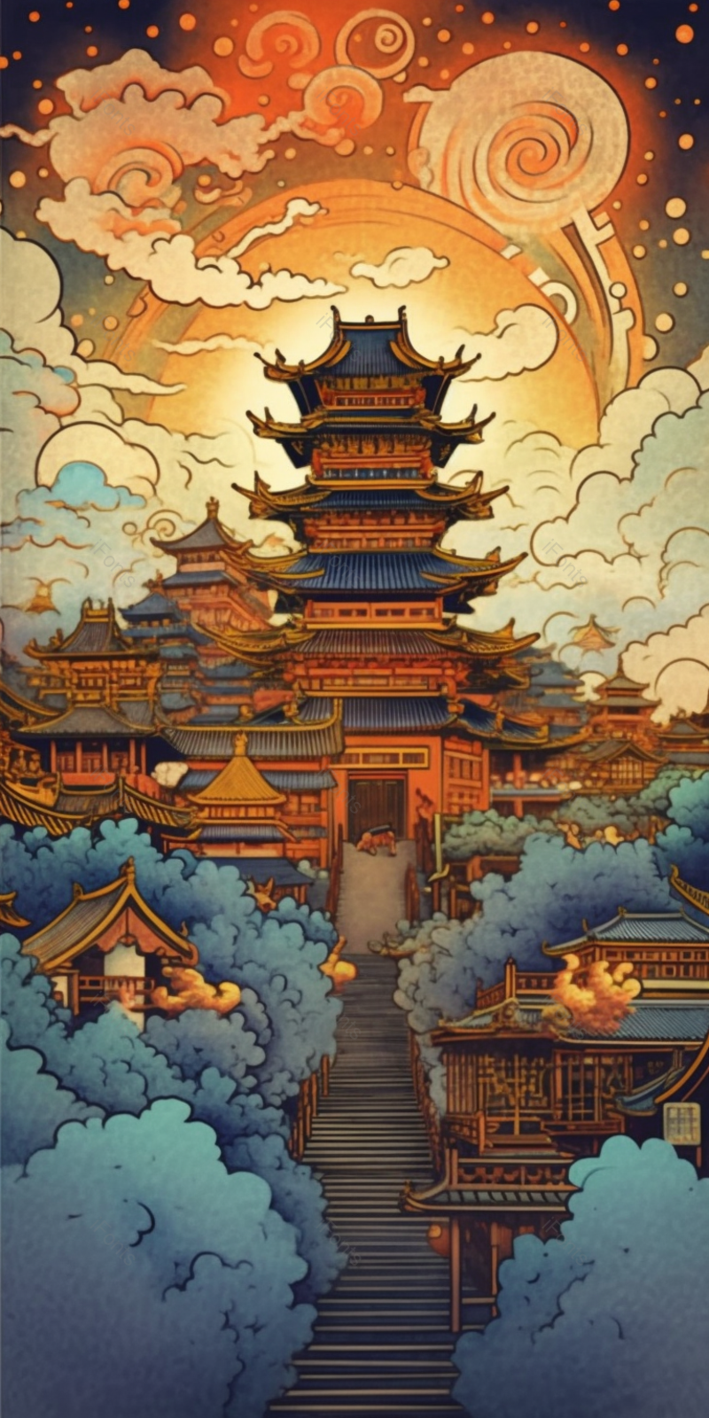 国潮竖版古塔角楼祥云山间手绘插画,插画/手绘图,插画/手绘图库,插画/手绘图下载,插画/手绘